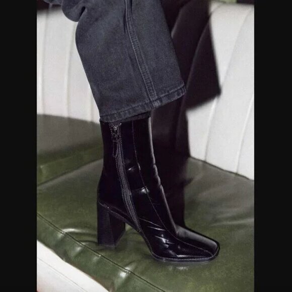Princess Polly Kia Black Patent Leather Heeled Ankle Boots 6 - Picture 1 of 10